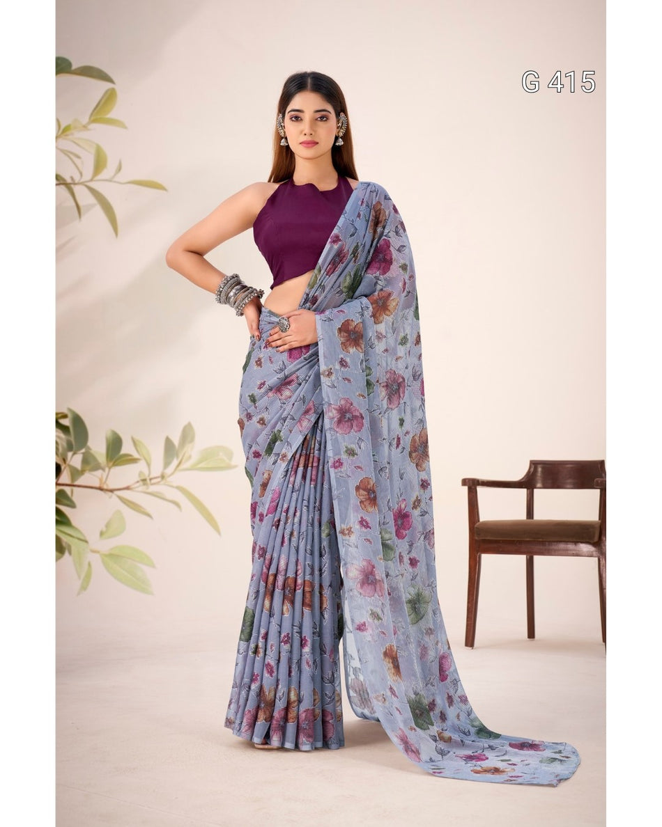 Floral Viscose Brasso Saree with Plain Silk Blouse – G 415