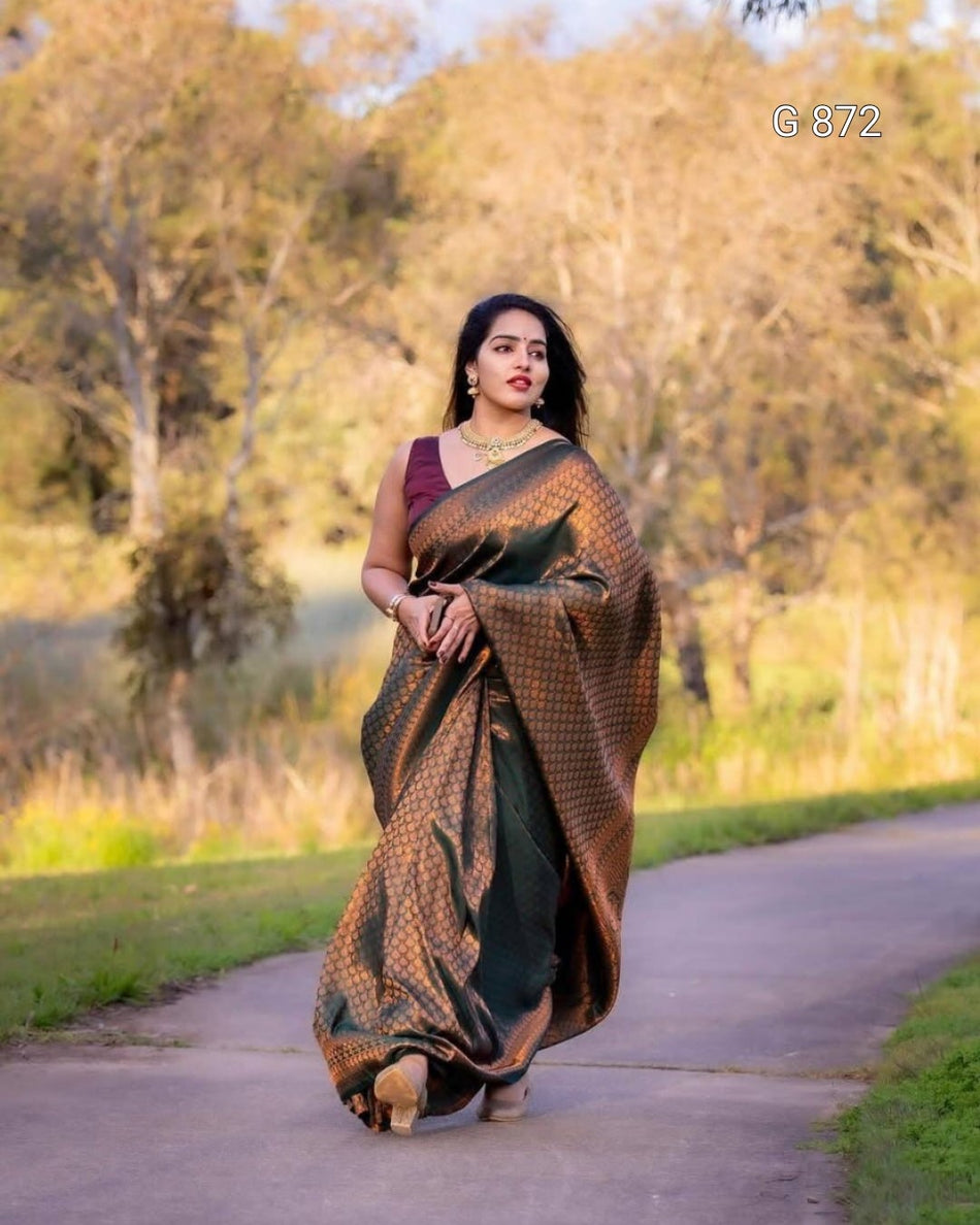 Woman in a saree walking on a path with trees in the background