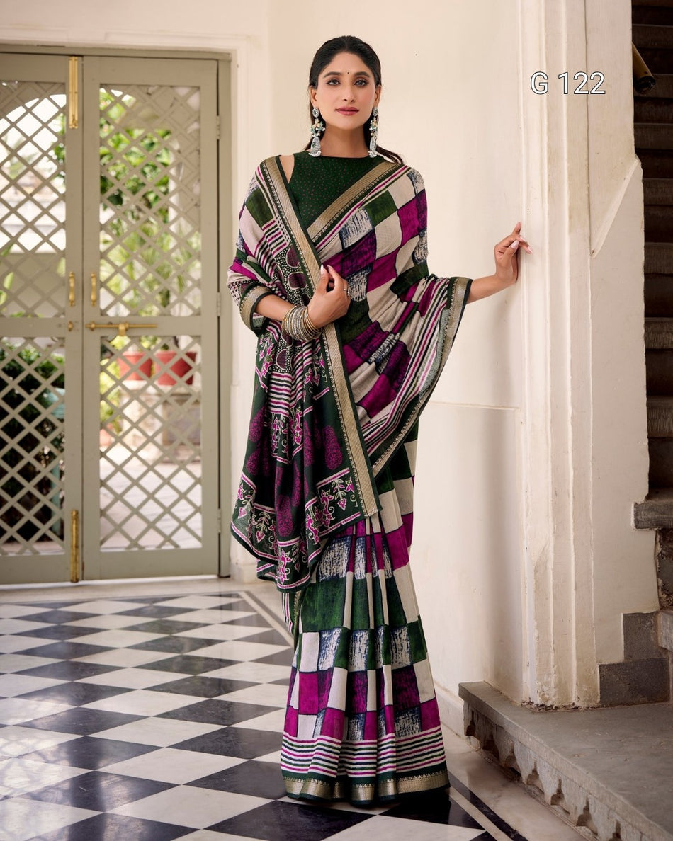 Printed Polyester Viscose Chanderi Saree with Temple Border – G 122
