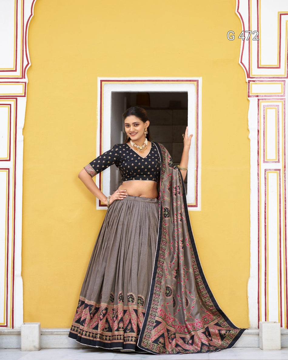 Designer Tasar Silk Lehenga with Print and Sparkle - G 472