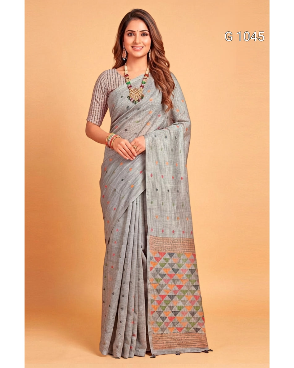 Traditional Linen Cotton Weaving Sarees for Festive Occasions - G 1045