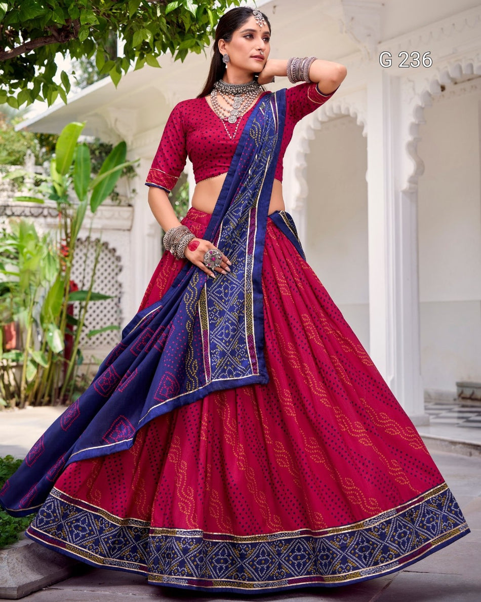 Bandhej Print Tasar Silk Lehenga with Gotta Patti Lace – G 236