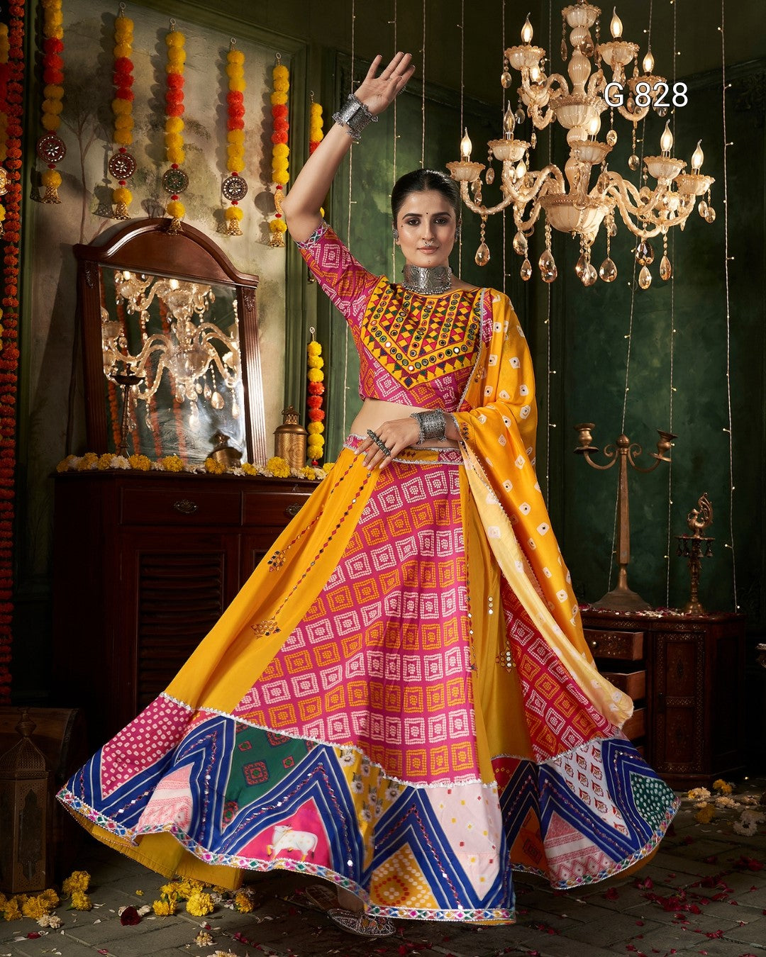 Woman in a colorful traditional outfit with a decorative background