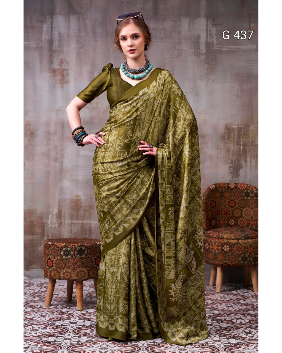 Classic Printed Satin Sarees with Elegant Drapes - G 437