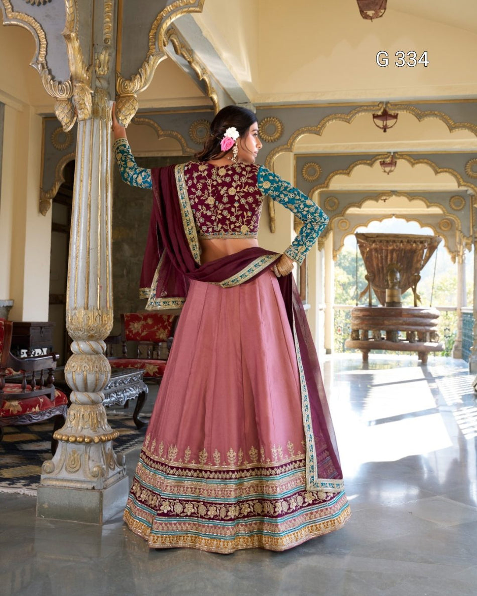 Peach Moonga Silk Lehenga with Sequins & Thread Embroidery - G 334