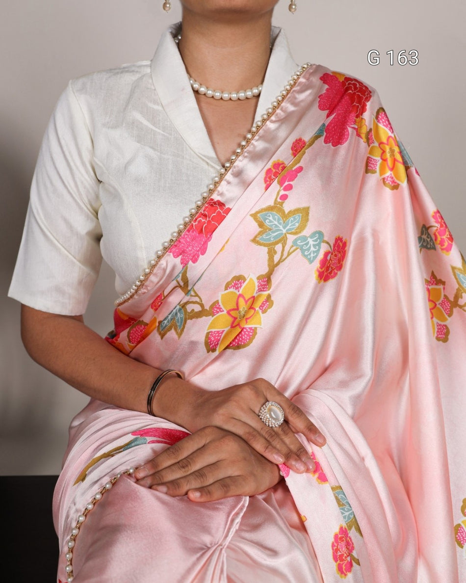 Peach Satin Silk Saree with Floral Print & Pearl Lace Border-G 163