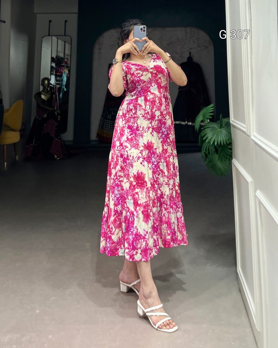 Pink Rayon Frock with Printed Foil Work – G 307