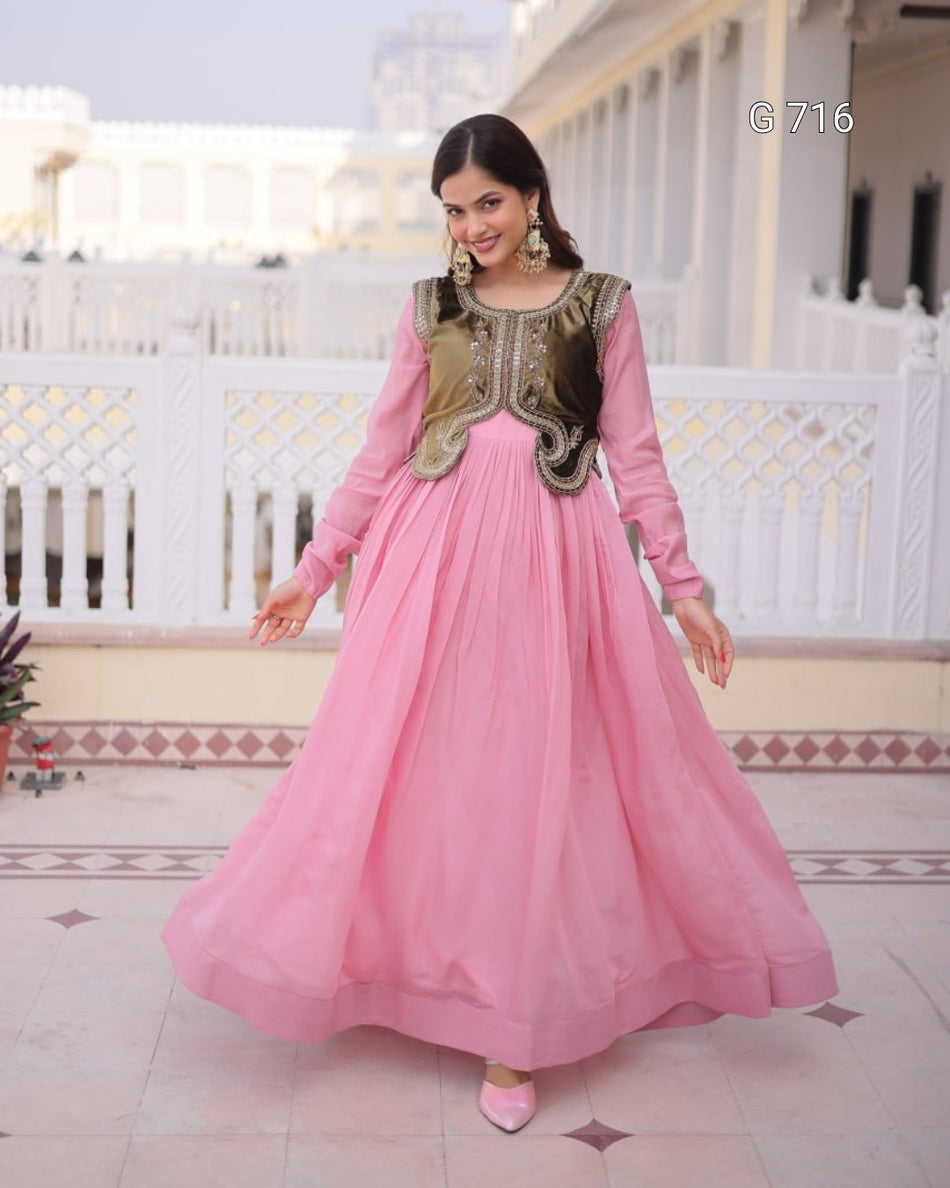 Trendy Mal Chanderi Gown for Festive Celebrations G 716