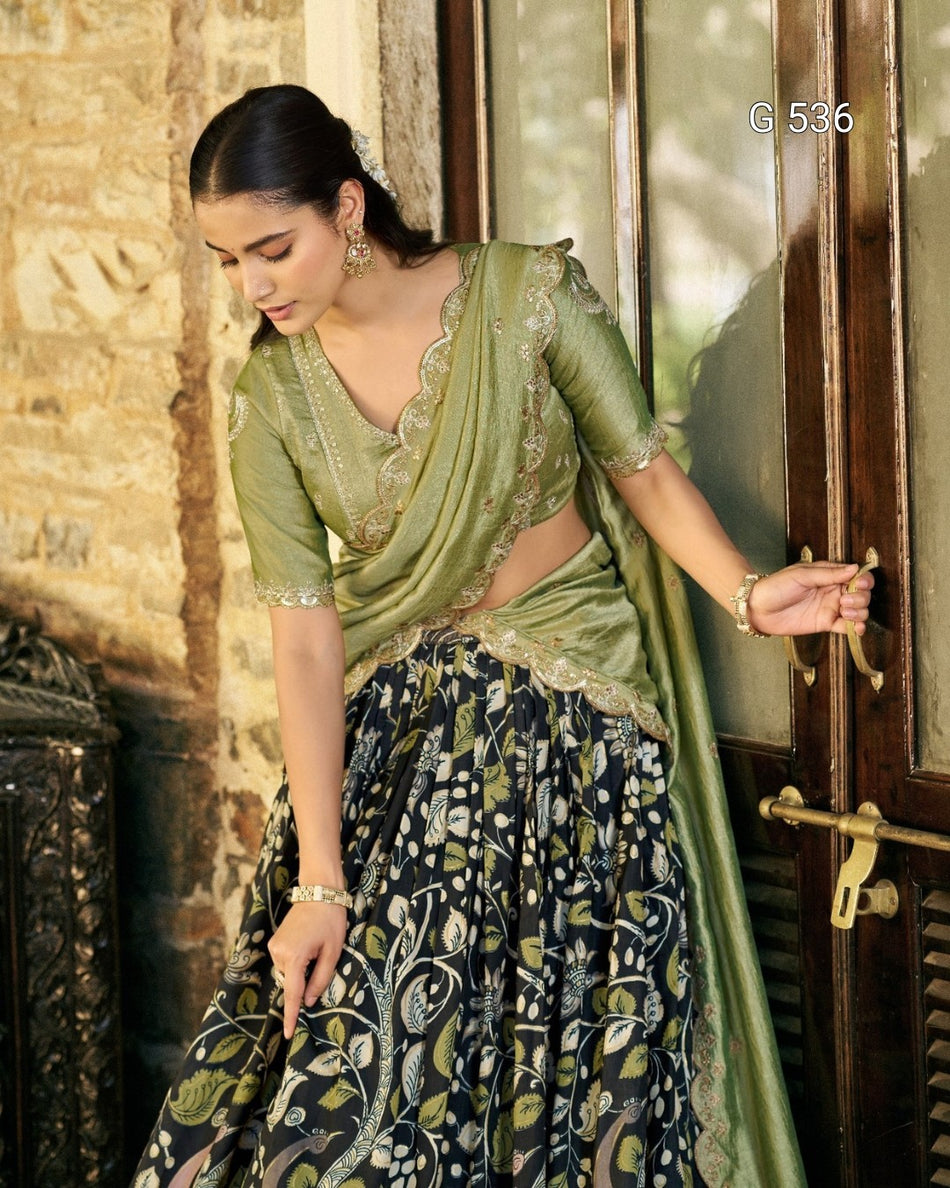 Kalamkari Tasar Silk Lehenga with Embroidered Dupatta - G 536