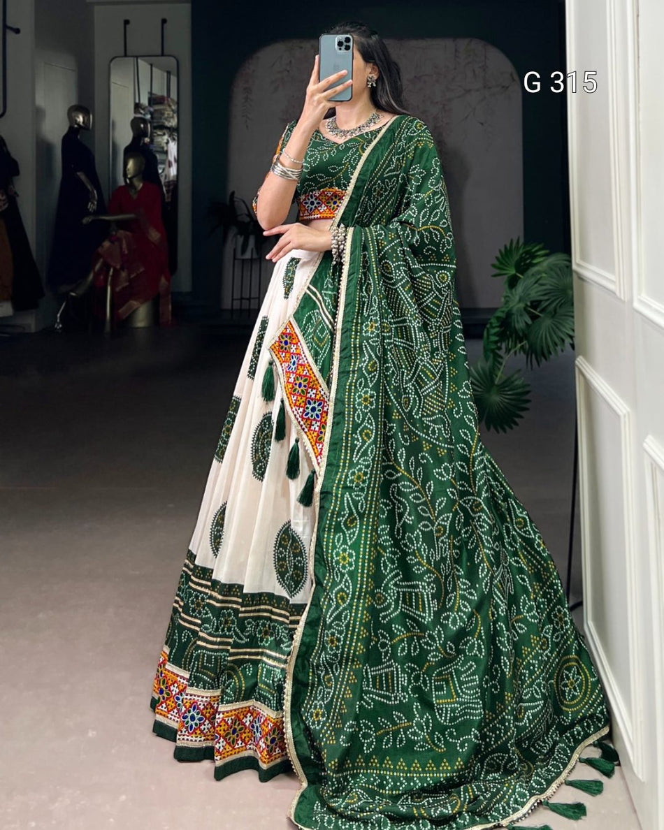 Bandhej Print Tasar Silk Lehenga with Gamthi Work – G315