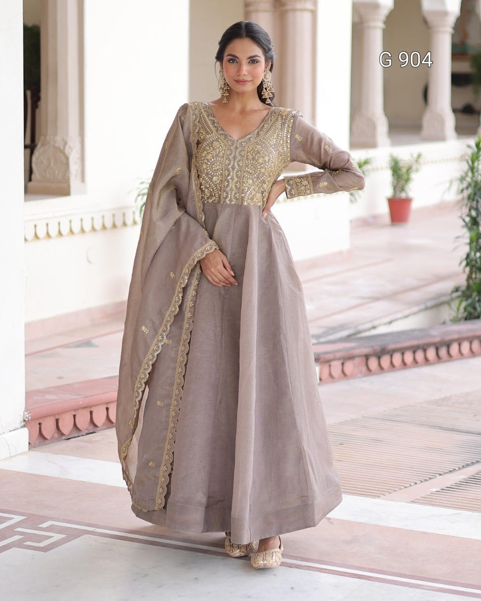 Premium Gold Crush Gown Dupatta Set - G 904