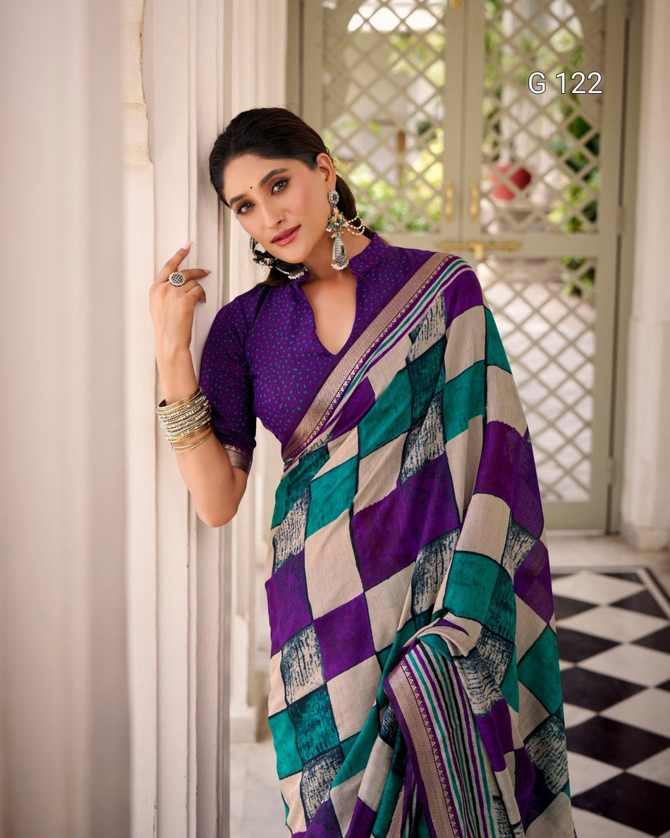 Printed Polyester Viscose Chanderi Saree with Temple Border – G 122