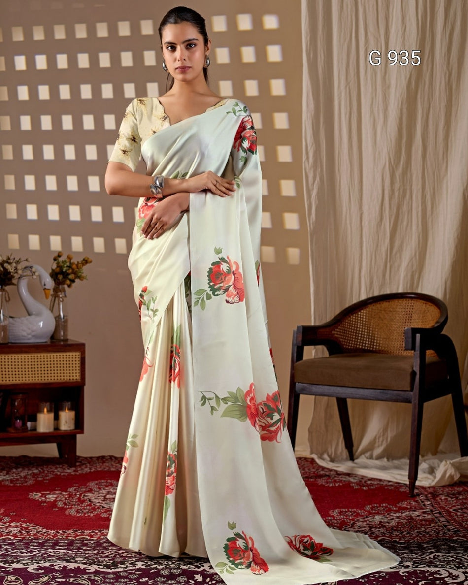 Soft Satin Georgette Floral Print Saree - G 935