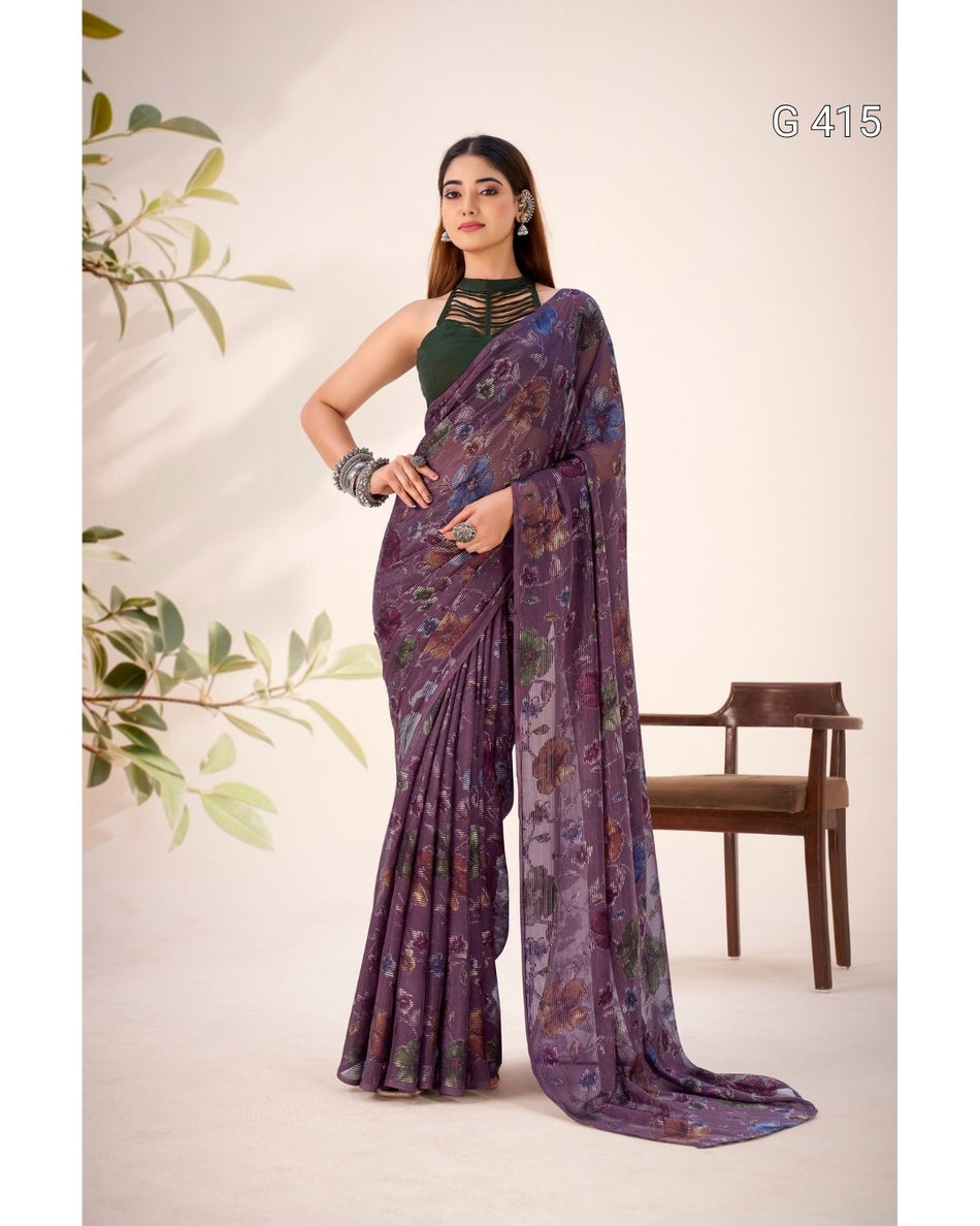 Floral Viscose Brasso Saree with Plain Silk Blouse – G 415
