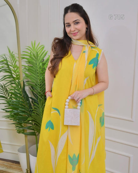 Woman wearing a yellow dress with green patterns indoors