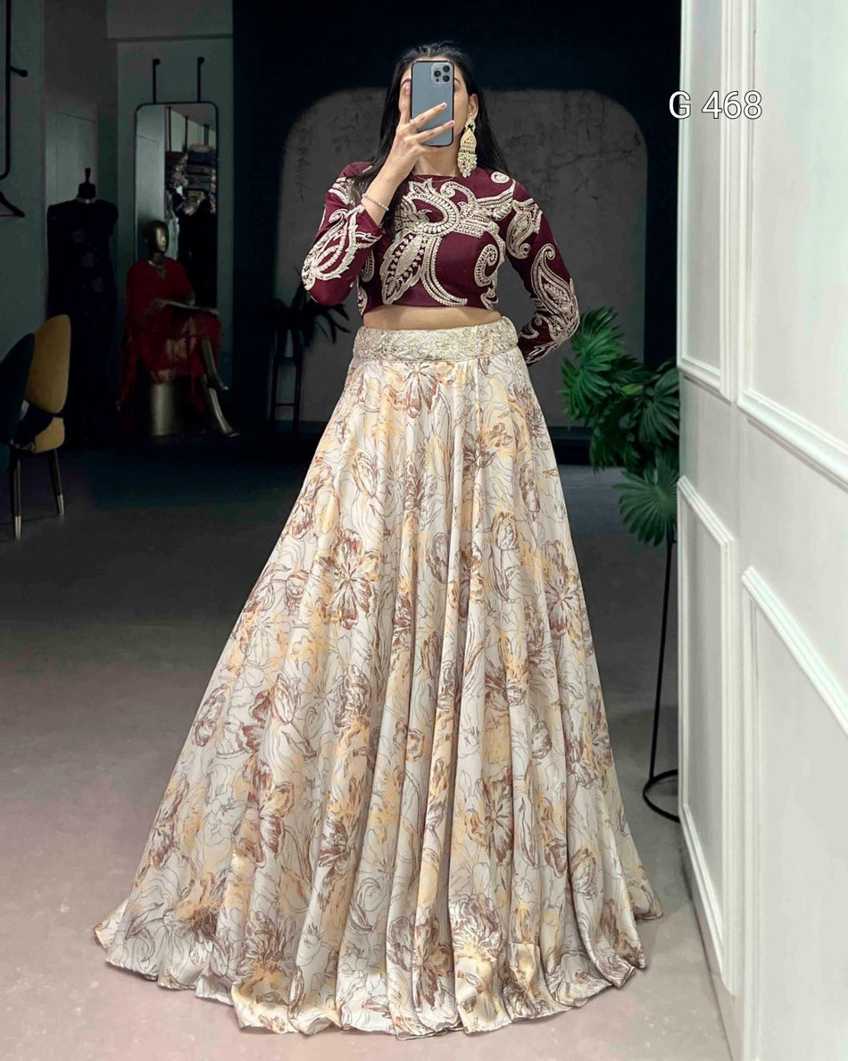 Stylish Tasar Silk Lehenga with Sequins Blouse Design - G 468