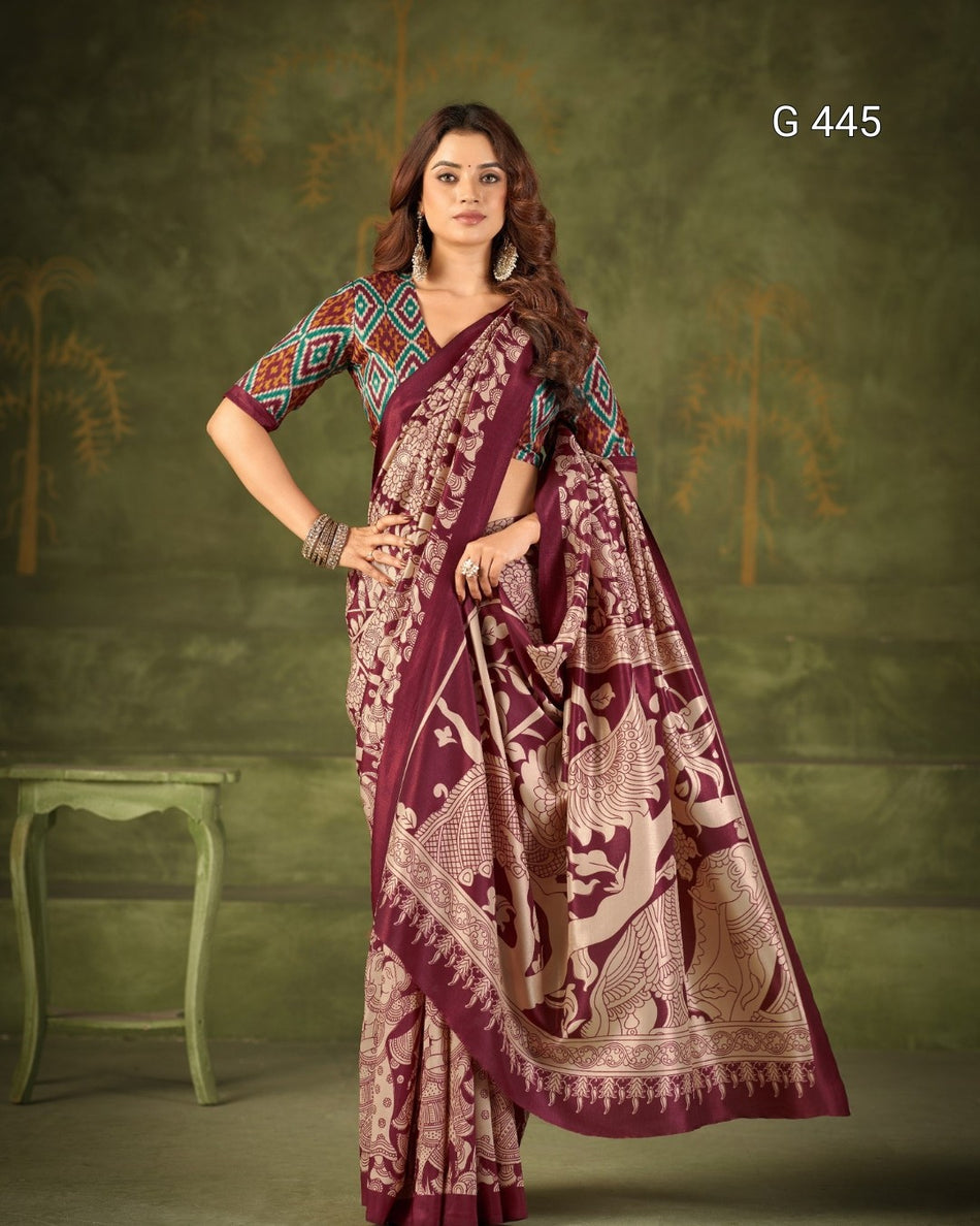 Kalamkari Print Tasar Sarees with Stylish Blouse - G 445
