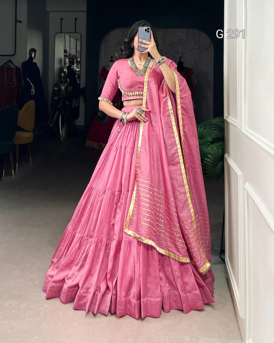 Plain Pure Chanderi Lehenga with Cowrie Lace Blouse & Embossed Dupatta – G 291