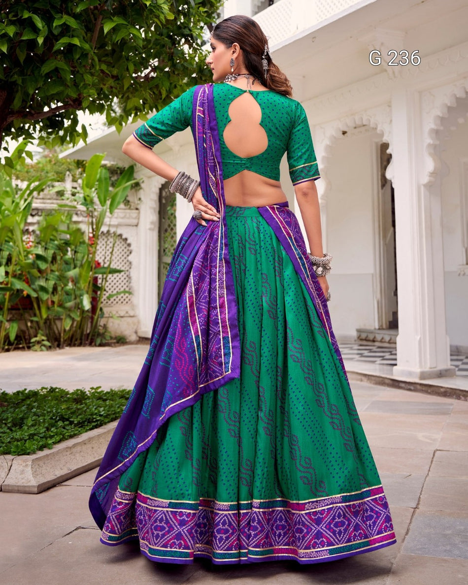 Bandhej Print Tasar Silk Lehenga with Gotta Patti Lace – G 236