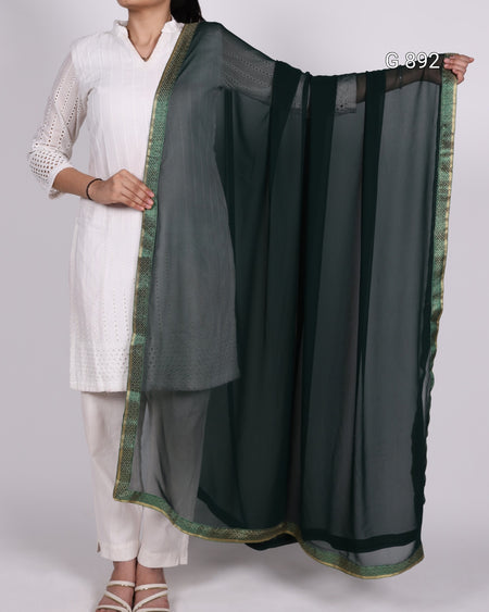 Person holding a dark green dupatta with a white background