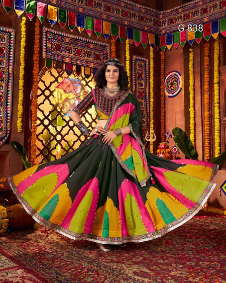 Woman in a colorful traditional outfit with a decorated background