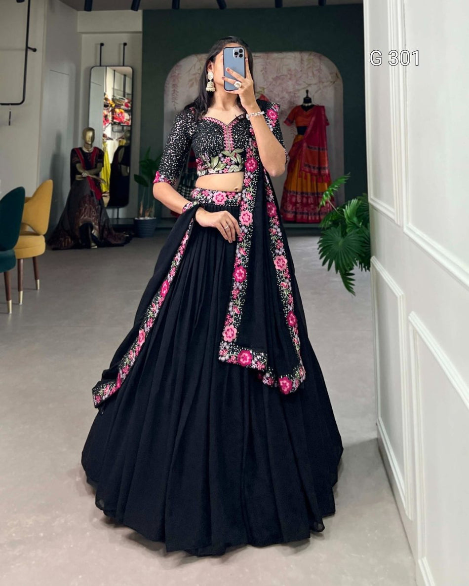 Black Georgette Lehenga with Sequins & Thread Embroidery – G 301