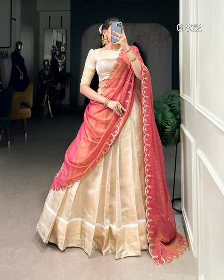 Woman wearing a traditional outfit with a pink saree in an indoor setting