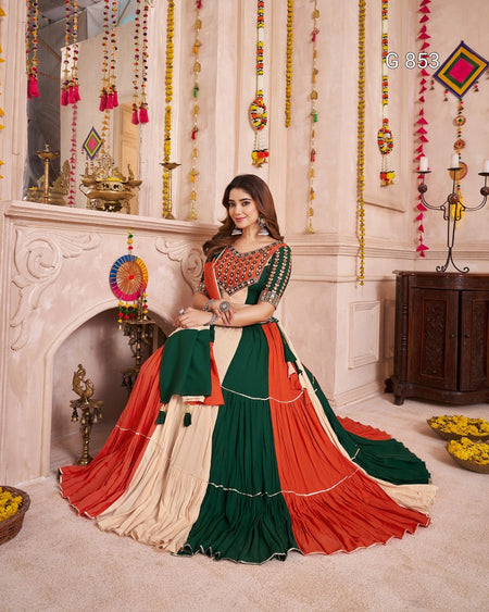 Woman in a traditional saree with a decorative background