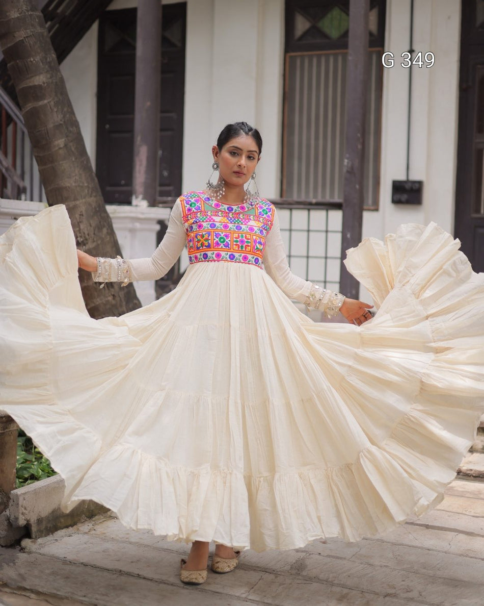 Off-White Kora Cotton Stitched Gown with Multi-Thread Gamthi Embroidery - G349