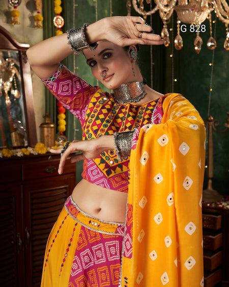 Woman in traditional colorful attire with jewelry in a decorated indoor setting
