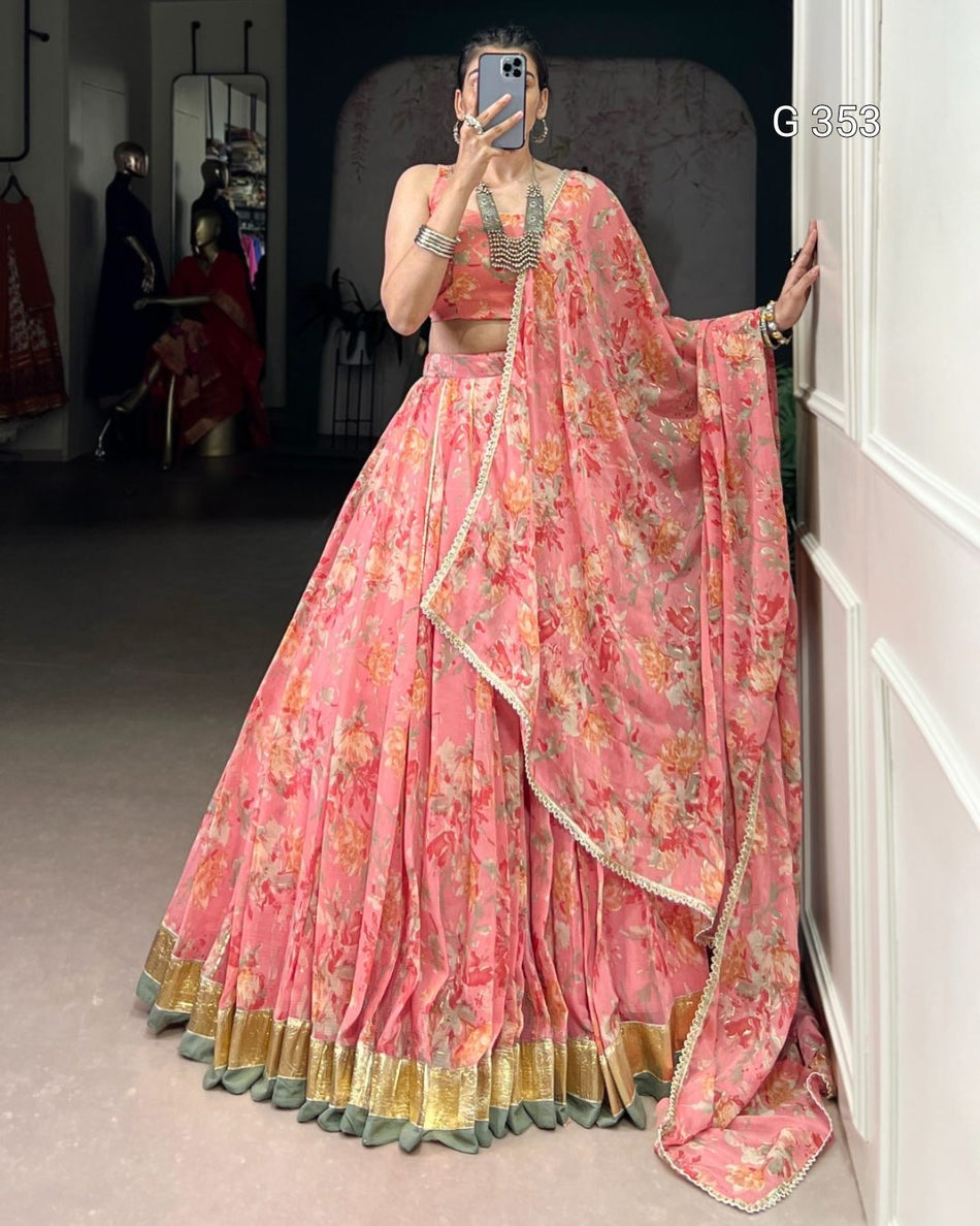 Chiffon Lehenga with Floral & Foil Print – Stitched Set - G353