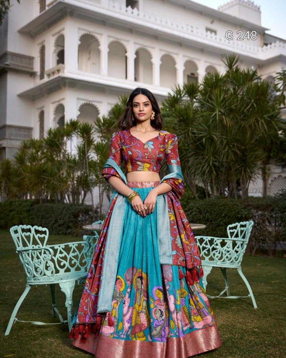 Kalamkari Printed Dola Silk Lehenga with Zari Weaving Border – G 248