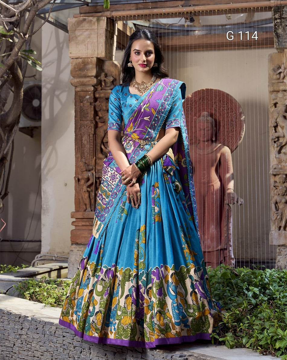 Tussar Silk Lehenga with Foil Work & Kalamkari Print Dupatta – G 114