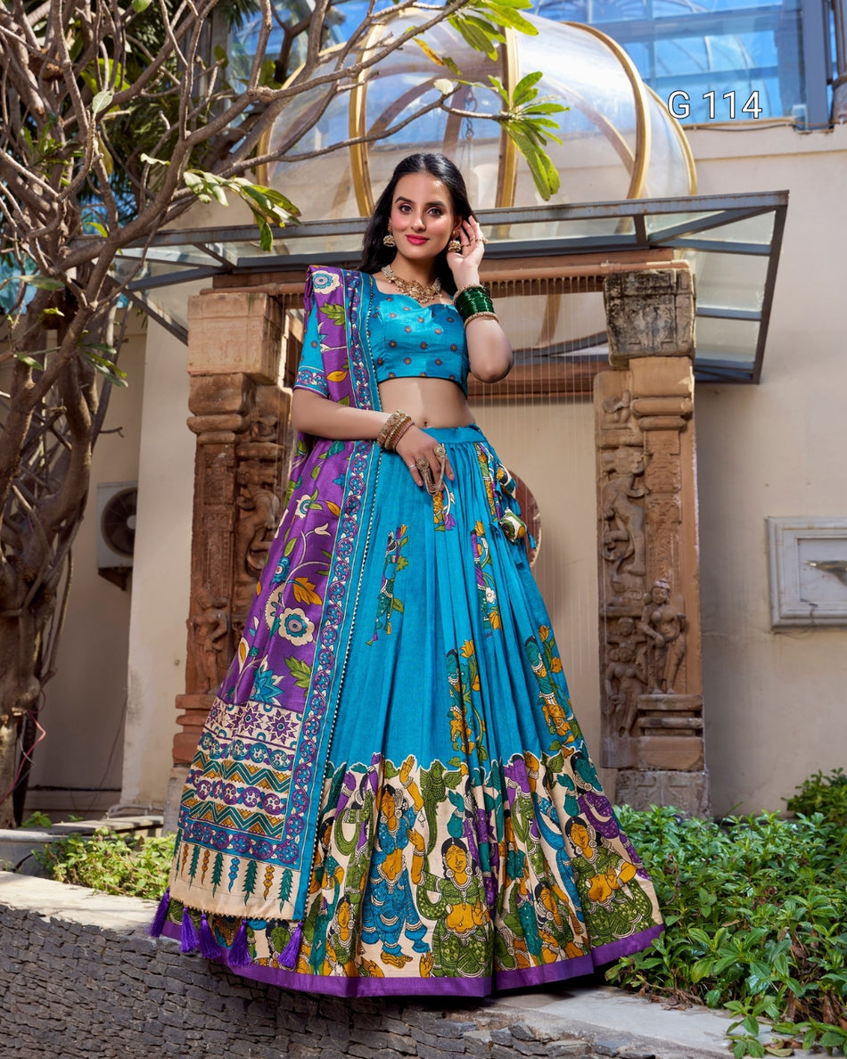 Tussar Silk Lehenga with Foil Work & Kalamkari Print Dupatta – G 114
