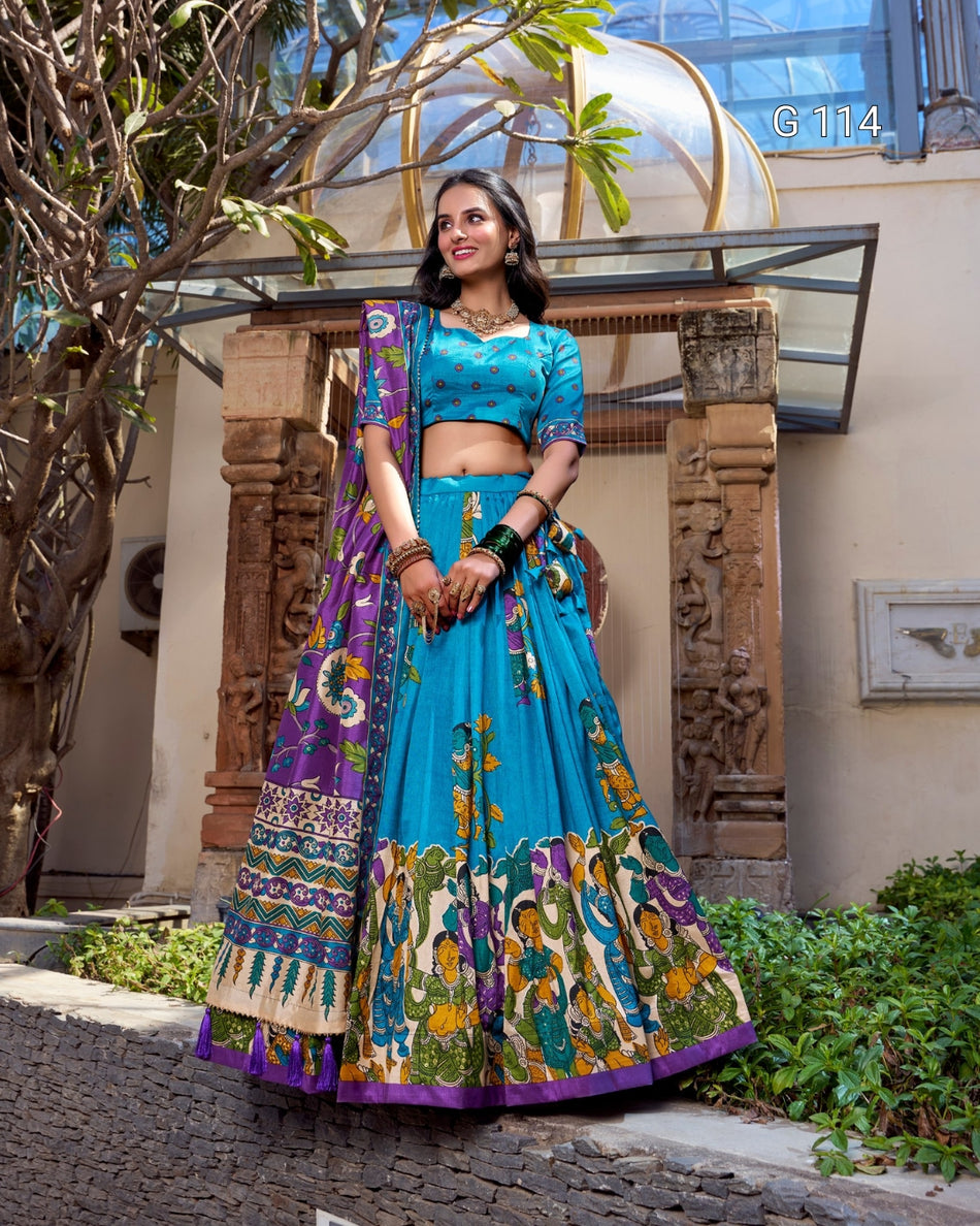 Tussar Silk Lehenga with Foil Work & Kalamkari Print Dupatta – G 114