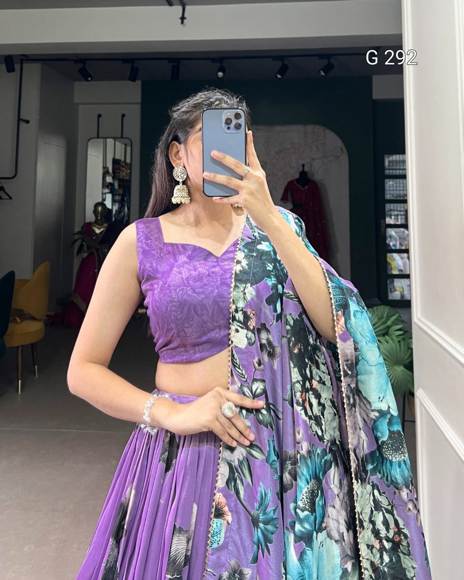 Floral Print Tasar Silk Lehenga with Lace Touch Up & Gotta Patti Dupatta – G 292