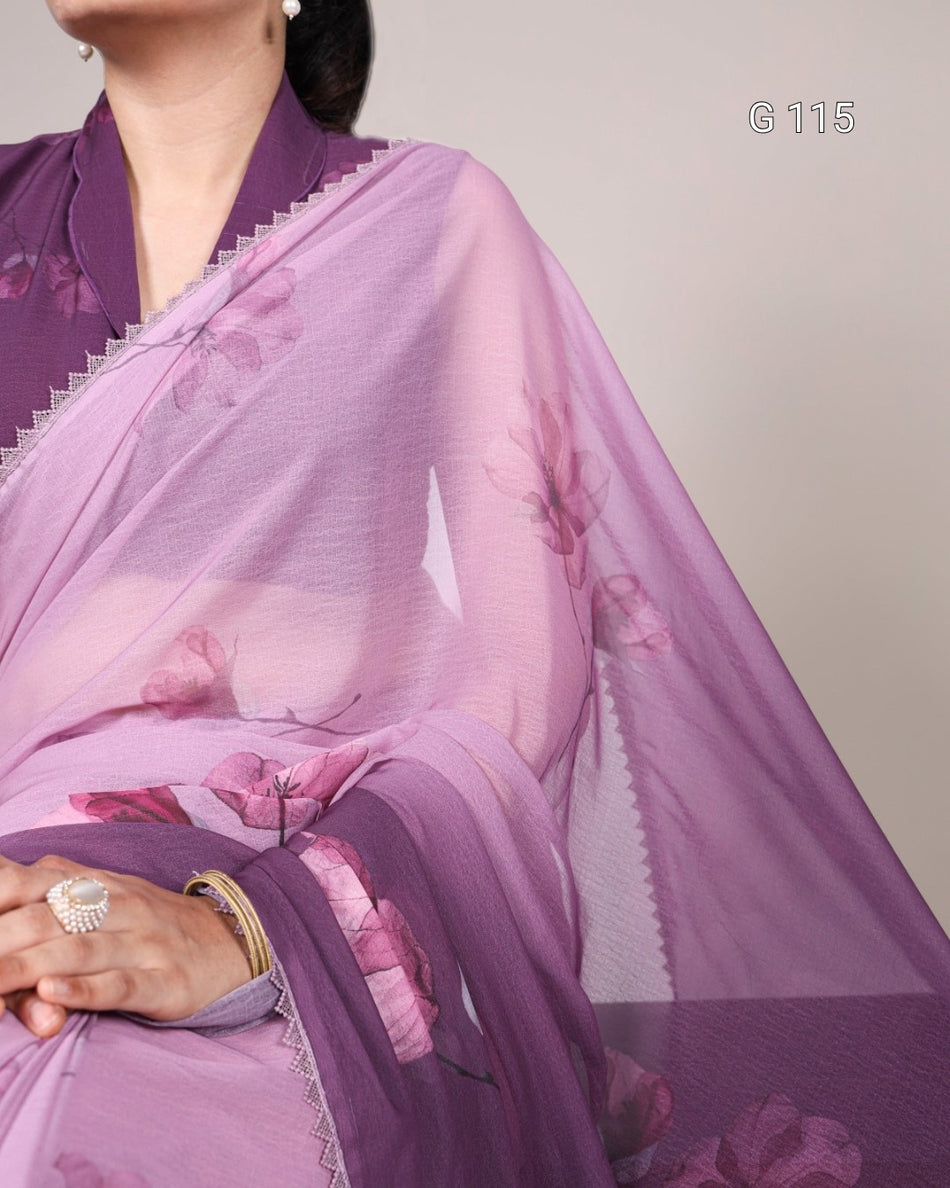 Purple saree with pink floral patterns on a plain background
