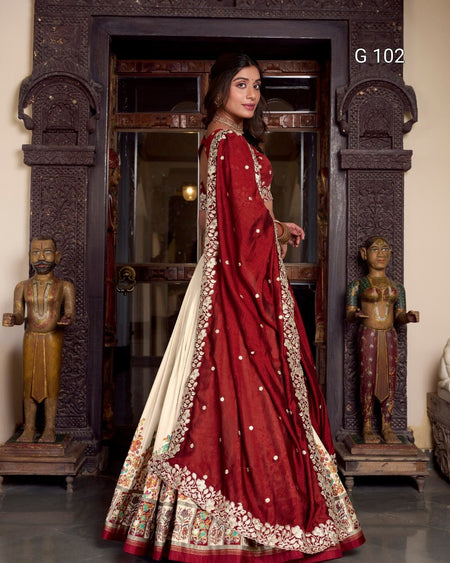Woman in a red and white embroidered traditional outfit standing in an ornate doorway.