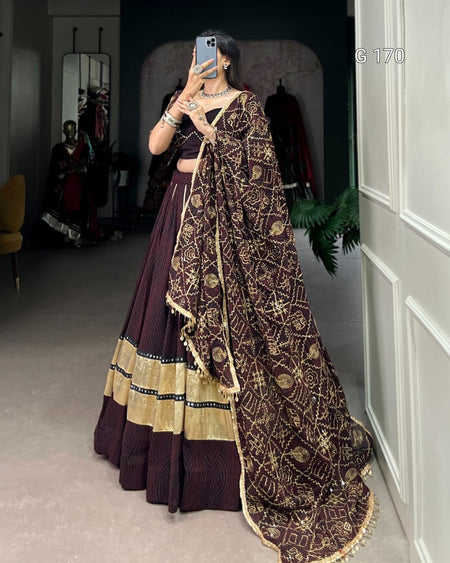 Person wearing a traditional outfit with a patterned dupatta in a room.