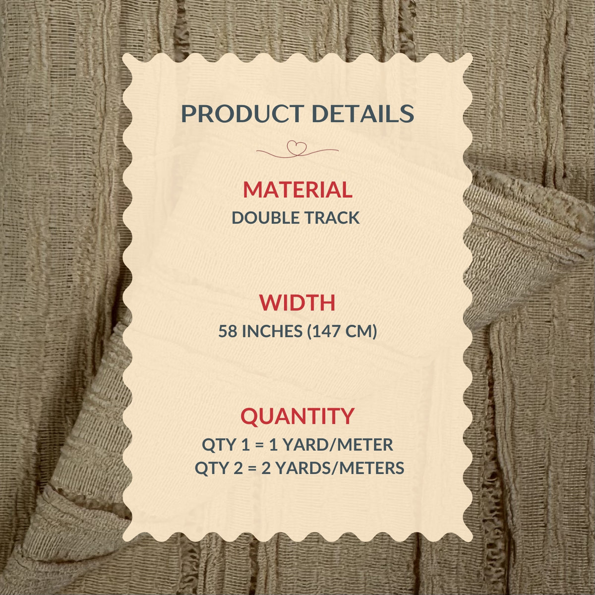 Product details label on a textured fabric background