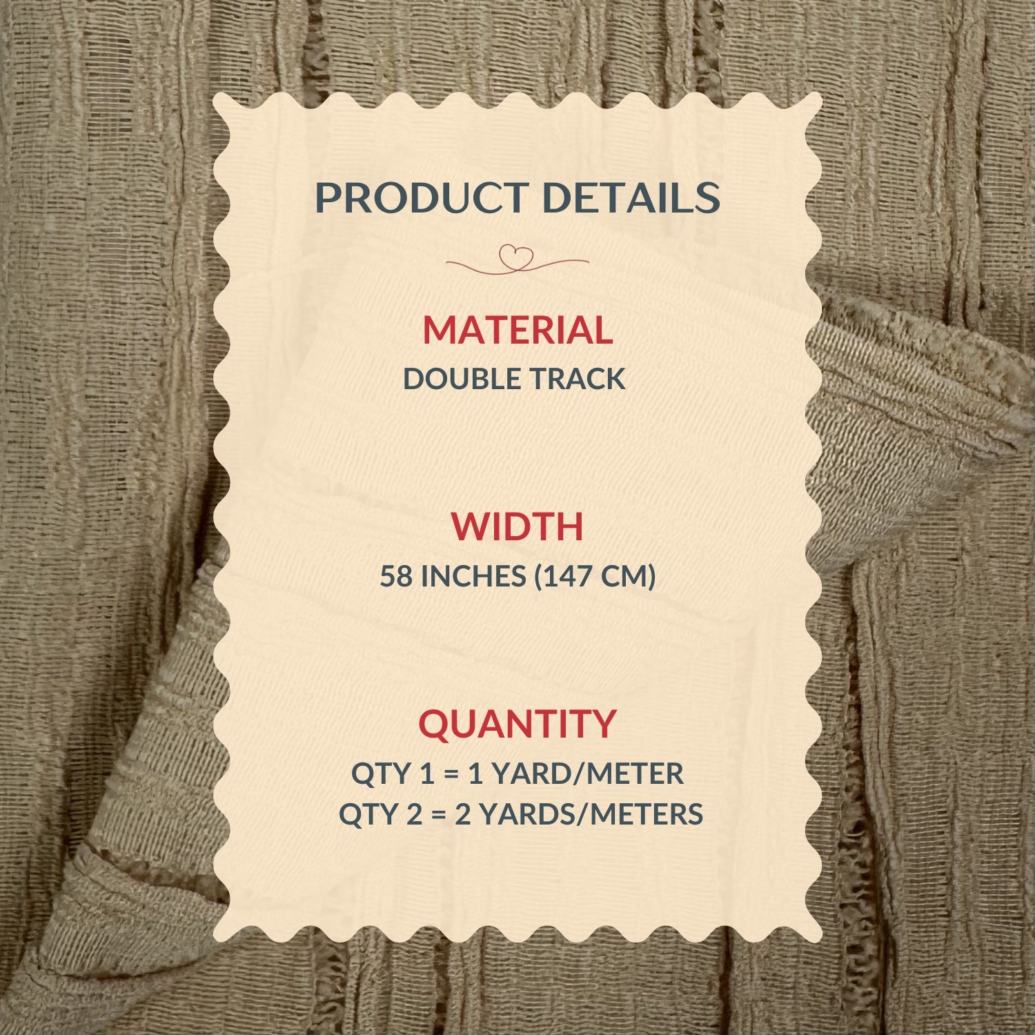 Product details label on a textured fabric background