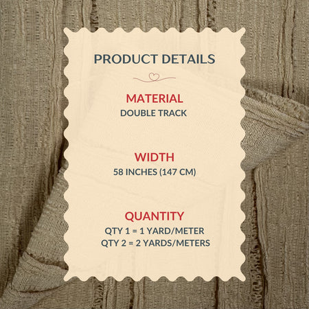 Product details label on a textured fabric background