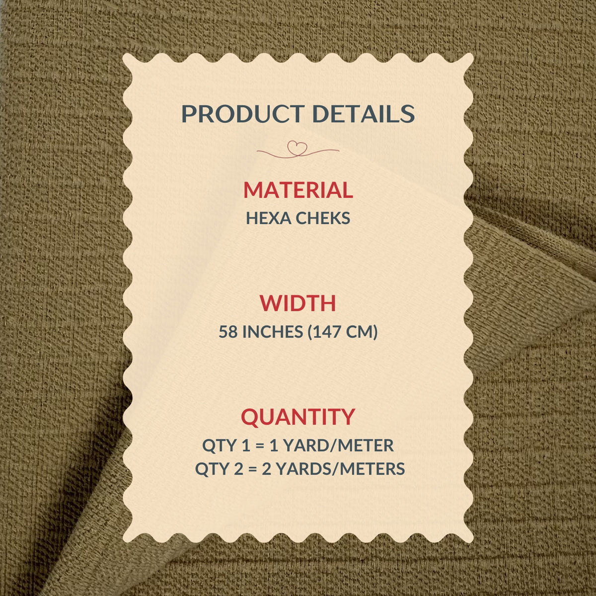 Product details label on a brown fabric background