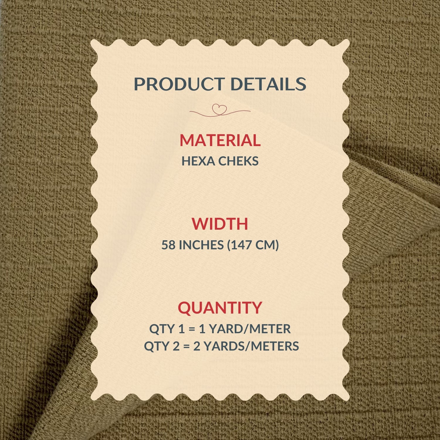 Product details label on a brown fabric background