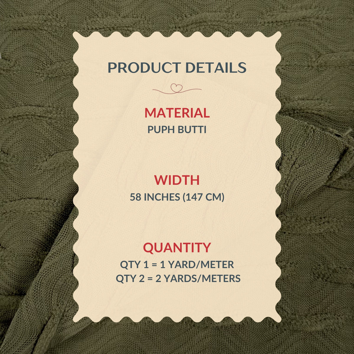 Product details card on a green fabric background