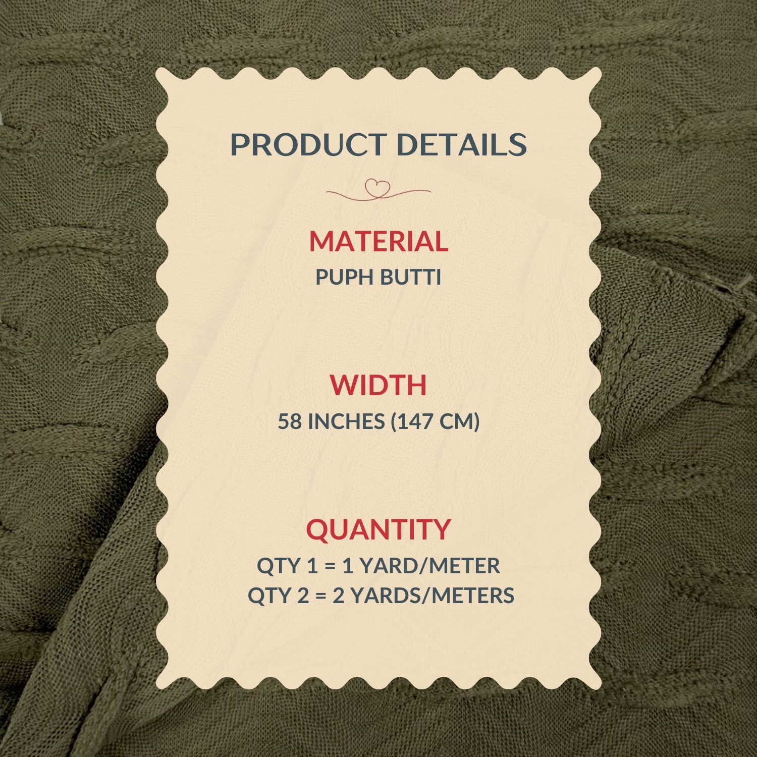 Product details card on a green fabric background