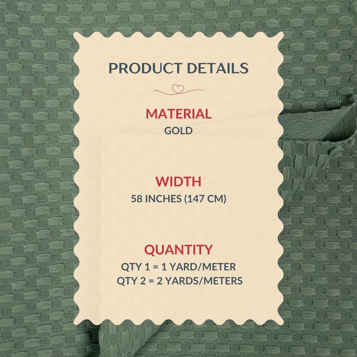Product details label on a green fabric background