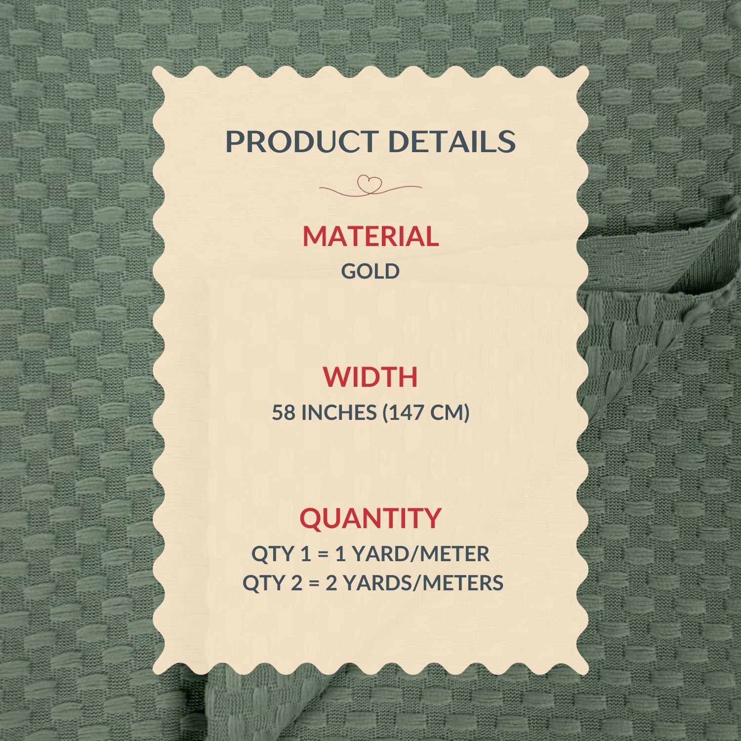 Product details label on a green fabric background