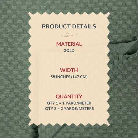 Product details label on a green fabric background