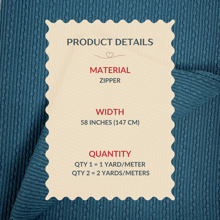 Product details label for a zipper on a blue textured background